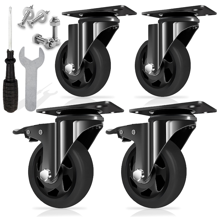 Set 4 roti pivotante cu frana, PIXEL, 100 mm, capacitate 500 kg, cauciuc, negru