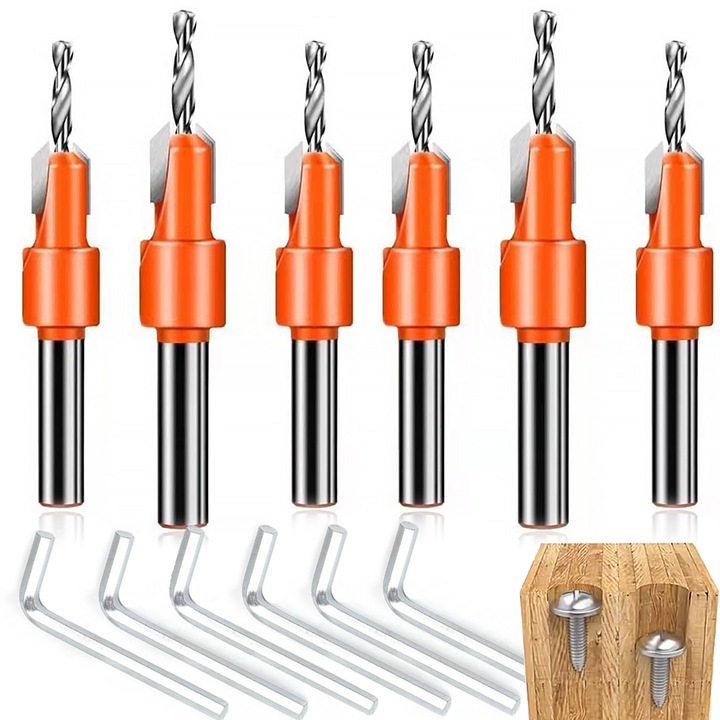 Set 6 burghie cu gzymk si fazonator pentru lemn, PIXEL, pomarantiu-silver, dimensiuni variate