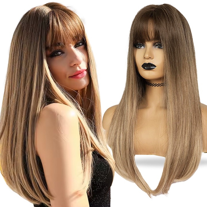 Peruca dama, PIXEL, 63cm, par lung, drept, cu breton, culoare naturala, sintetica