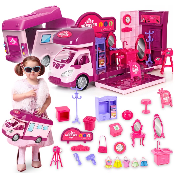 Camper 2in1 pentru papusi, PIXEL, multicolor, 40x16x23cm, set cu accesorii