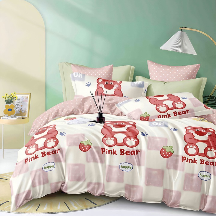 Спално бельо EmonaMall S16474, Двулицев, 4 калъфки, 6 части, Бял/Розов