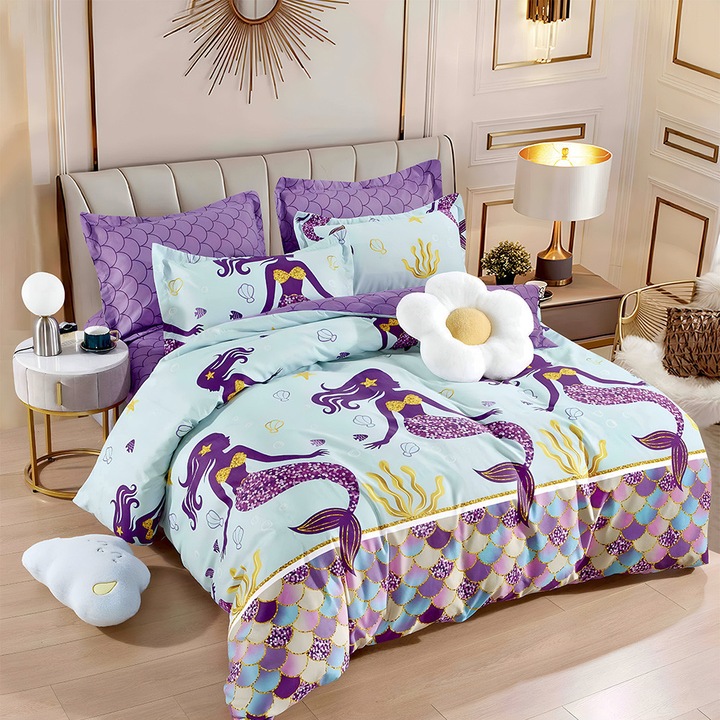 EmonaMall S17323 ágyneműgarnitúra, gumis lepedő, kétoldalas, 4 párnahuzat, 6 részes, világoskék/lila