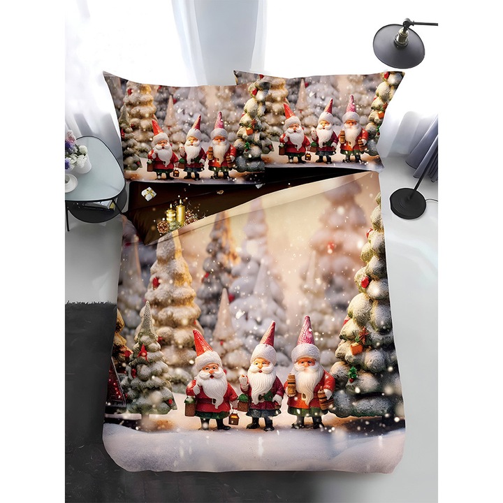 Двулицево коледно спално бельо EmonaMall S17352, 4 части, Двулицево, Размер за приста, Многоцветен