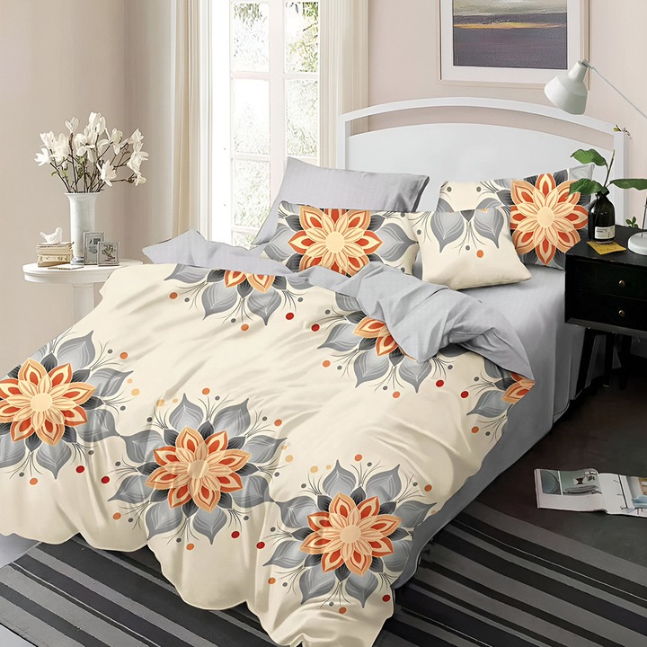 EmonaMall S18161 ágyneműgarnitúra, gumis, kétoldalas, 4 párnahuzat, 6 részes, krém/szürke