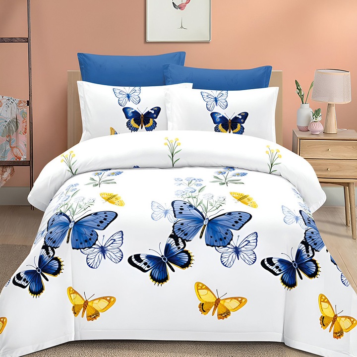 Спално бельо EmonaMall S18480, 4 части, Еднолицево, Размер за приста, Бял/Тъмносин