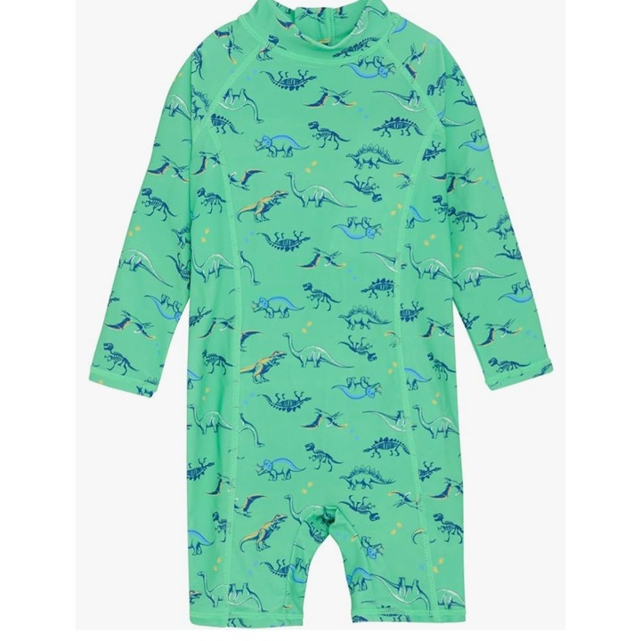 Детски бански костюм, CareTec, зелен с динозаври, дълъг ръкав, 104 см
