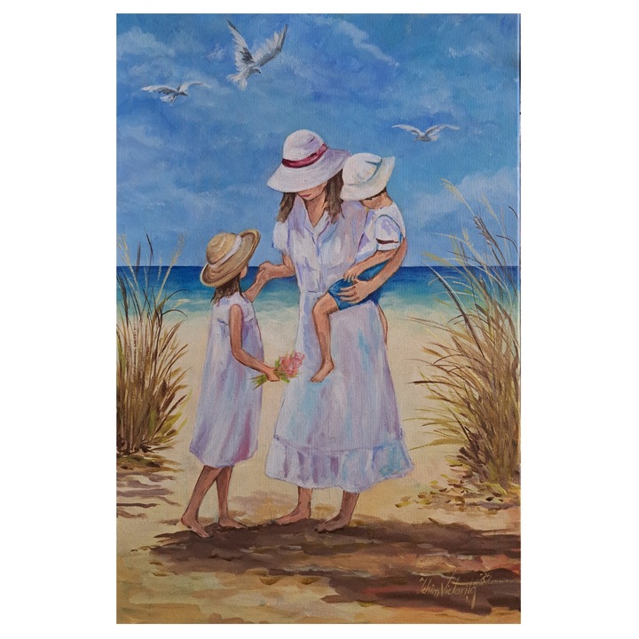 Tablou pictat manual, Impreuna la malul marii, 40/60 cm, acrilic pe panza gata de expus pe perete
