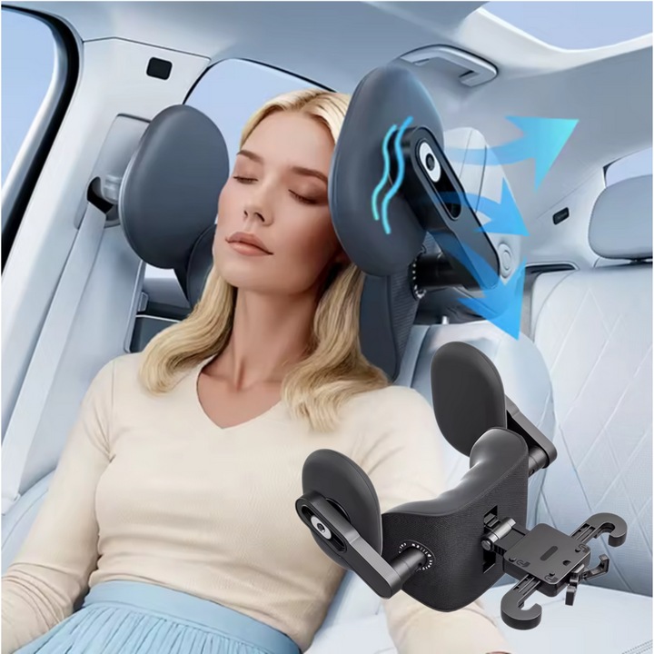 Tetiera Auto Plemory®, Suport Tip Perna, Ergonomic Din Piele Ecologica, Pentru Copii si Adulti, Suport Ergonomic, Rotativ 180° Si Reglabil pe Inaptime si Adancime, Protectie Sporita Pentru Gat, Cap si Coloana, Spuma de Memorie, Negru