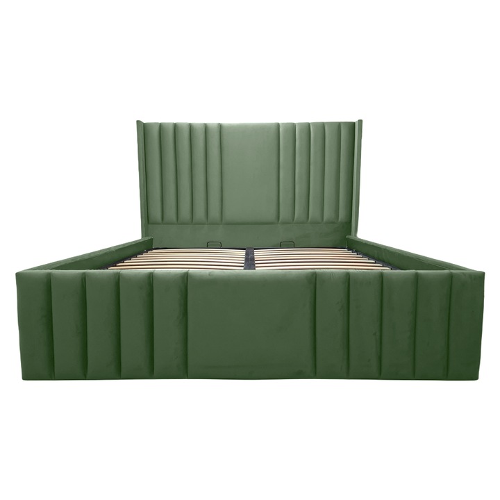 Pat tapitat Hermes 120x190 cm cu somiera rabatabila și 2 spatii de depozitare, verde masliniu