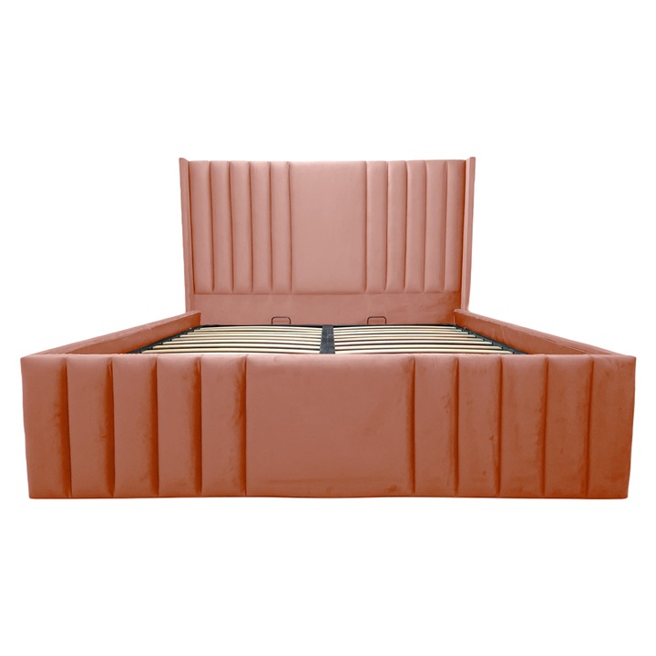 Pat tapitat cu somiera rabatabila si 2 spatii depozitare, 120x190cm, coral