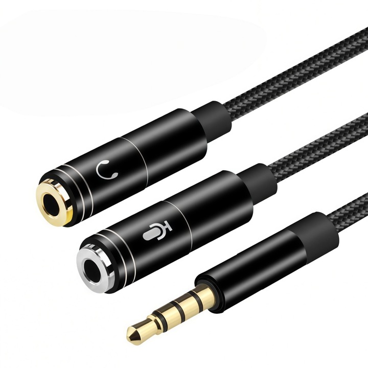 Adaptor splitter audio de 3, 5 mm, de la conector mascul cu 3 pini la 2 conectori mama cu 3 pini de 3, 5 mm, cu cablu de 30 cm, negru