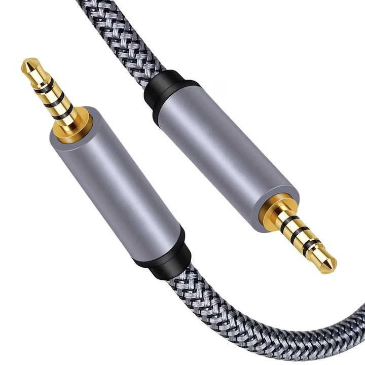 Audio kábel, Jack 3.5mm apa - 3.5mm apa (TRRS), 5m, Szürke, Aranyozott csatlakozó a csökkentett veszteségért, Kristályos fekete bronz textúra