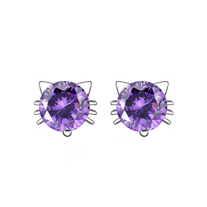 Обеци на винт, котка, лилава, 18К златно покритие с кубични циркониеви кристали, сребриста, 1.2x1.2см