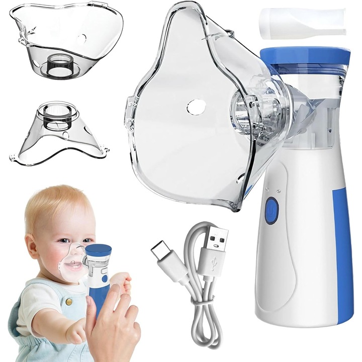 Aparat aerosoli, Lunniquee, nebulizator cu ultrasunete, portabil, 3 trepte ajustabile, alb, 13x5cm, set cu masti pentru adulti si copii