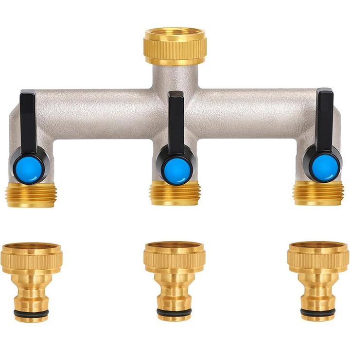 Distribuitor de apa pentru robinet cu 3 cai, maner extins, distribuitor de conectare a apei din alama de 3/4 inch cu valve individuale de inchidere, distribuitor cu 3 cai, adaptor de 3/4" si 1/2" pentru electrocasnice/furtunuri de gradina