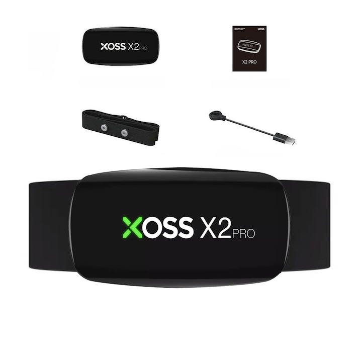 Centura Monitorizare Ritm Cardiac, XOSS, Model X2 Pro, Conexiune Duala Bluetooth si ANT+, Memorie Independenta 48h, Estimare Pasi si Calorii, Pentru Alergat, Ciclism, Fitness, Negru