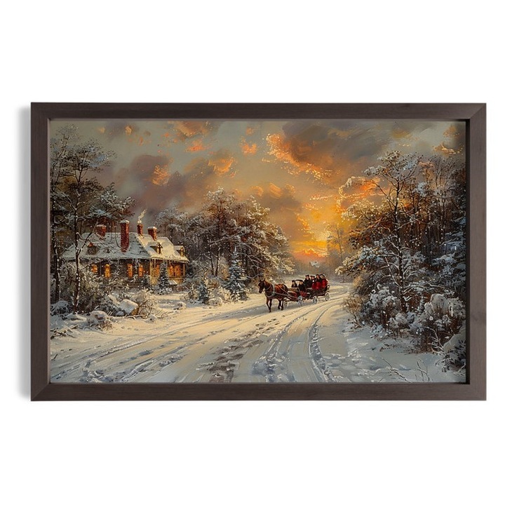 Tablou Inramat de Iarna, Drumul Iernii la Apus, Sanie Trasa de Cai, Rama din MDF Negru, 35x50cm