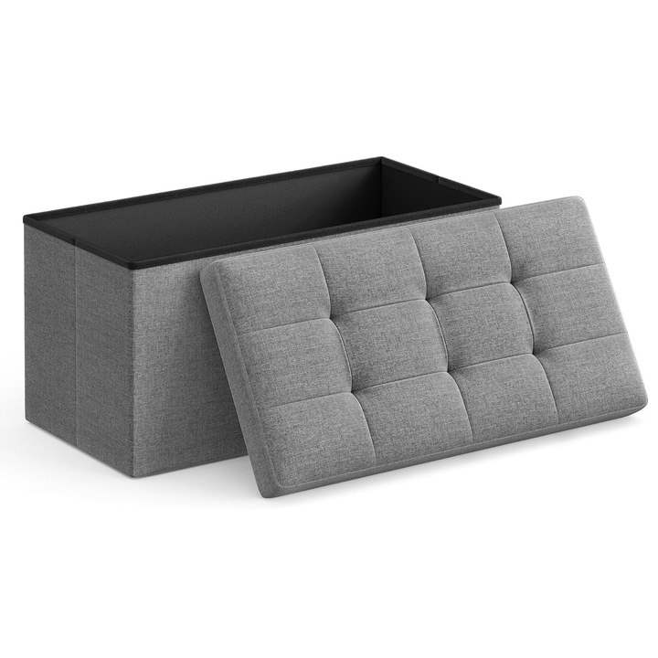 Összecsukható, puha ülőfelületű pad, 80 literes tárolóhely, 300 kg teherbírás, 76x38x38 cm, szürke