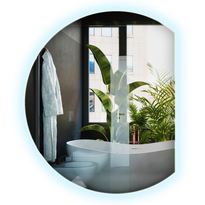 Világító Kerek Tükör Egyenes Aljjal, Decormat, 84 x 100 cm, Hideg (6500K), Modern Design Fali Dekoráció Nappaliba és Fürdőszobába, 010390550361600000000