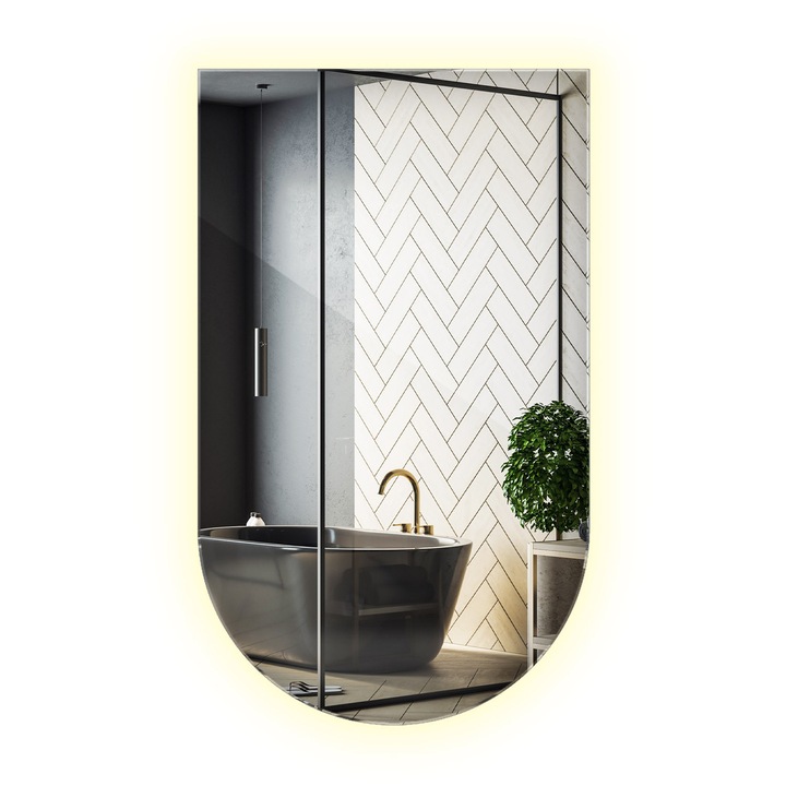 Aszimmetrikus LED Tükör, Decormat, 60 x 100 cm, Semleges (4000K), Egy Oldalon Vágott Ovális Forma, Modern Design, 010390550390200000000