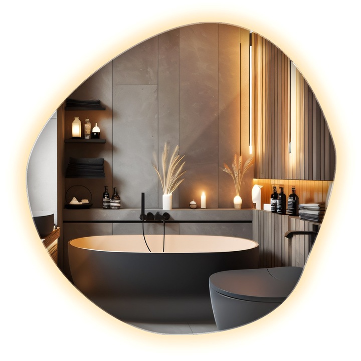 Szabálytalan Formájú LED Tükör LED Világítással, Decormat, 87 x 86 cm, Meleg (3000K), Függőleges Vagy Vízszintes Szerelés, Sokoldalú Kihasználhatóság, 010390550190500000000