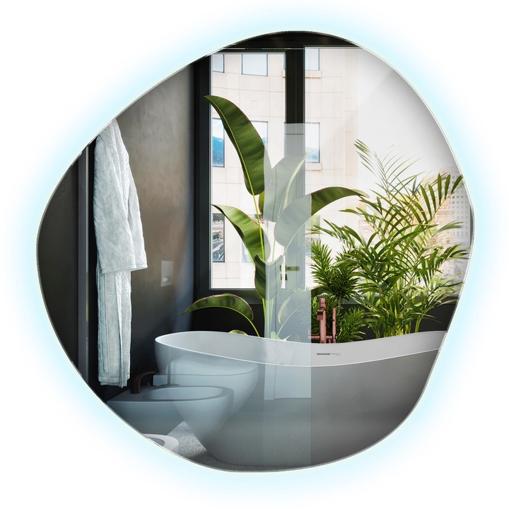 Aszimmetrikus Fali Tükör LED Szalag Világítással, Decormat, 68 x 67 cm, Hideg (6500K), Világítás, Sminkeléshez És Borotválkozáshoz Ideális, 010390550220900000000