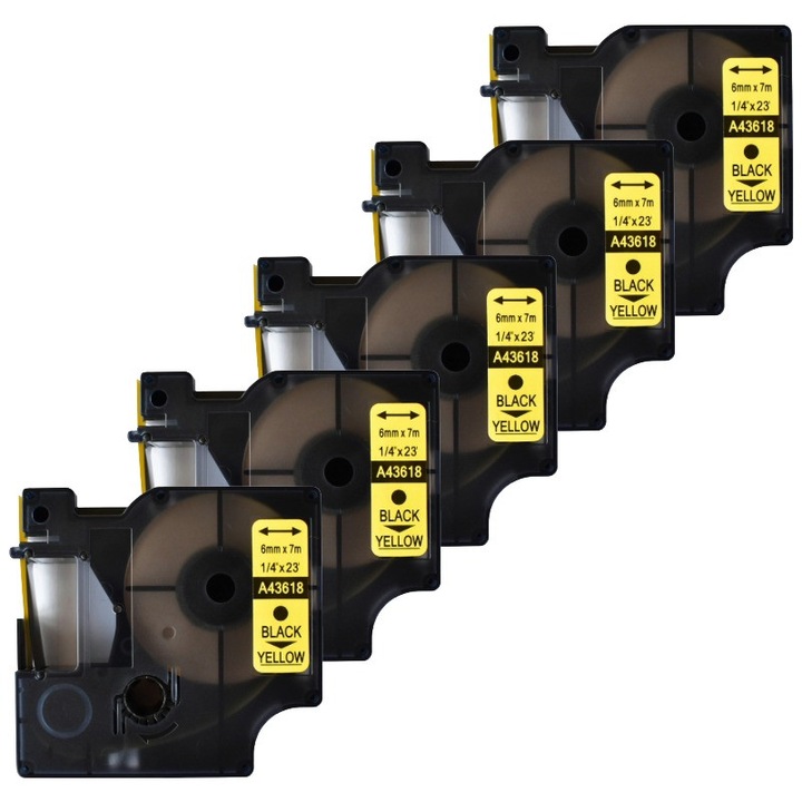 Pachet 5 bucati banda etichete compatibile Dymo 43618, 6 mm, negru pe galben