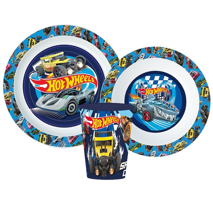 Set de masă Hot Wheels Blue Fire, set micro plastic cu pahar 260 ml