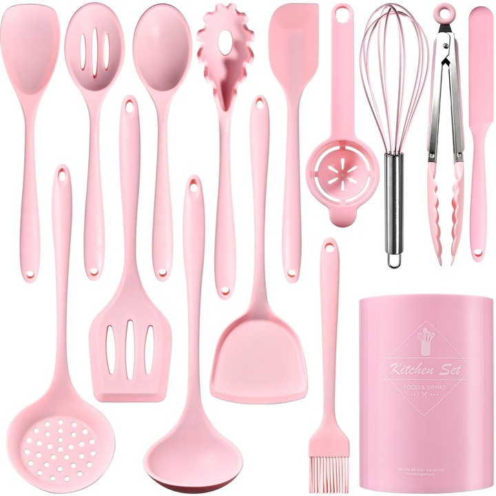 Konyhai eszközkészlet prémium élelmiszeripari szilikonból, 15 darab, 920 g, tartóval – spatulák, kanalak, merőkanál, csipesz, habverő, BPA-mentes, tapadásmentes, mosogatógépben mosható, Onuvio® - Rózsaszín