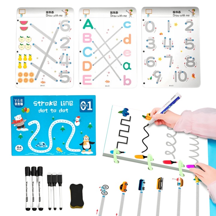 Set educativ interactiv pentru copii 3+, jocuri logice, conectează puncte, 64 exerciții, cu markere