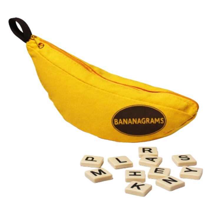 Bananagrams - Joc educativ de societate, 144 piese, saculet banana, 20x7.5x7.5cm, 8+ ani