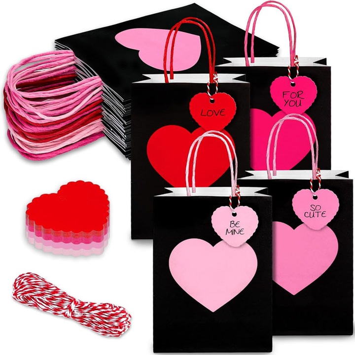 Комплект от 12 хартиени подаръчни торбички BOMSTOM с усукана дръжка, сърце, черно/червено, 6x3x8 инча