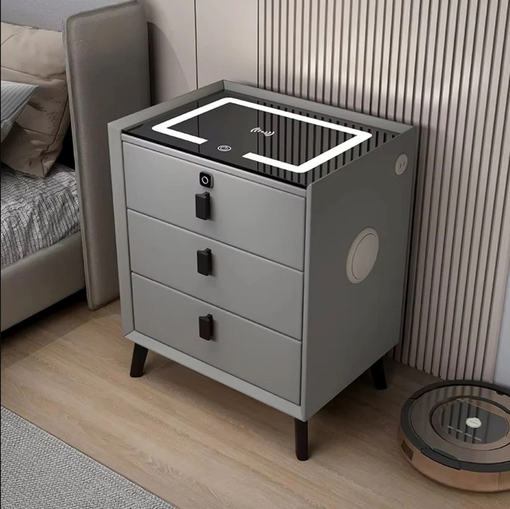 Smart Éjjeli Szekrény 50x40x59 cm, 3 Fiók, Vezeték Nélküli Telefon Töltés, Bluetooth Hangszóró, Ujjlenyomat, LED, Összeszerelve, Világosszürke