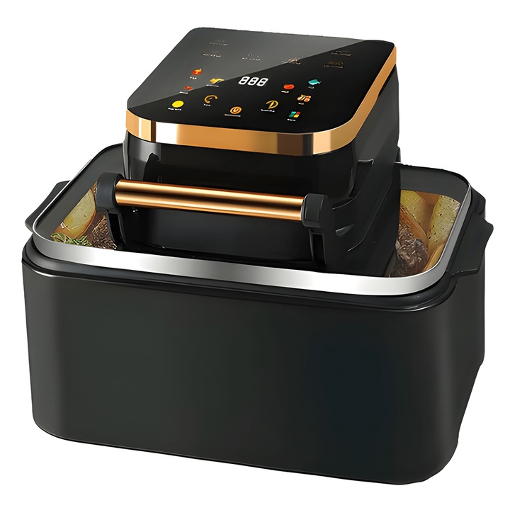 Friteuza Electrica 3 in 1 Teno®, cu aer cald, capacitate ridicata, control touch, timer, display LED, 11 programe, protectie supraincalzire, 12 L, 1700 W, negru