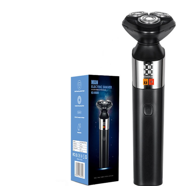 Електрическа самобръсначка Yaseingoo, 3D гъвкави глави, самозаточващи се ножчета, Type-C, LCD дисплей, 90 мин. автономна работа, IPX7, мокра/суха употреба, прецизно бръснене, подходяща за чувствителна кожа, черна