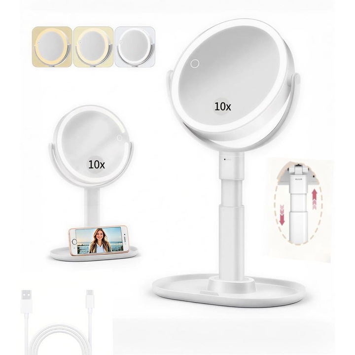 Oglinda cosmetica cu lumini, 8", dubla fata 1X/10X, 80 LED-uri, ajustare inaltime