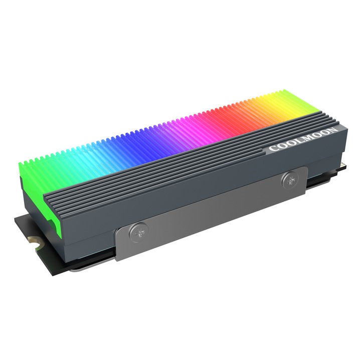 Radiator pentru SSD M.2 2280, iluminare ARGB 5V, conectori 3-Pin tata/mama pentru conectare in serie, pad termic din silicon inclus, aliaj de aluminiu/ABS, cablu 550 mm, 73×24×15 mm, negru