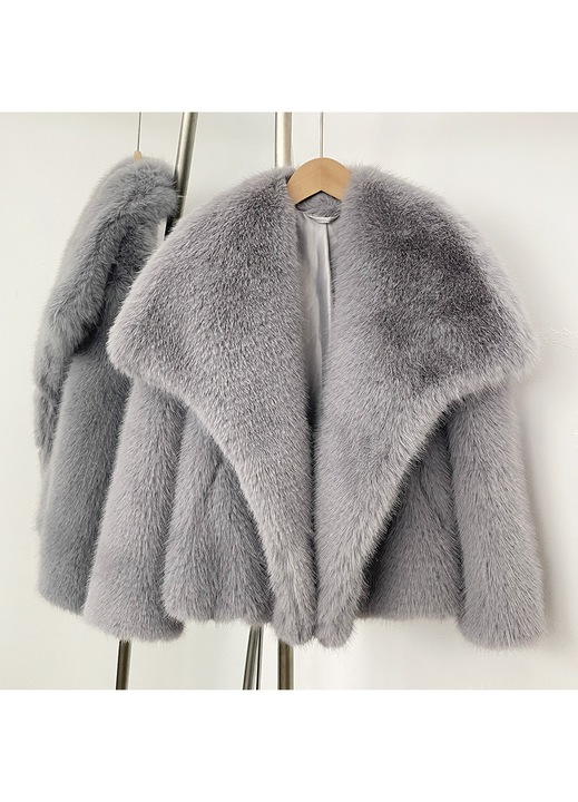 Geacă gri deschis, blană artificial, Gri deschis