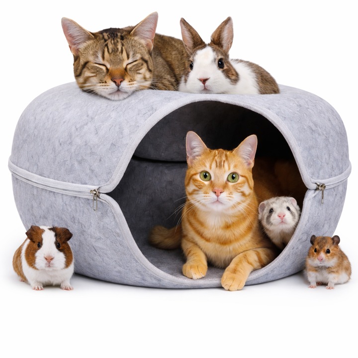 SleepyCat idealSTORE alagút típusú állatágy, Ergonomikus forma félig sötét belsővel, 22 cm-es gömb alakú, Stresszoldó hatás, Könnyen tisztítható a rozsdamentes acél cipzárnak köszönhetően, Szürke szín