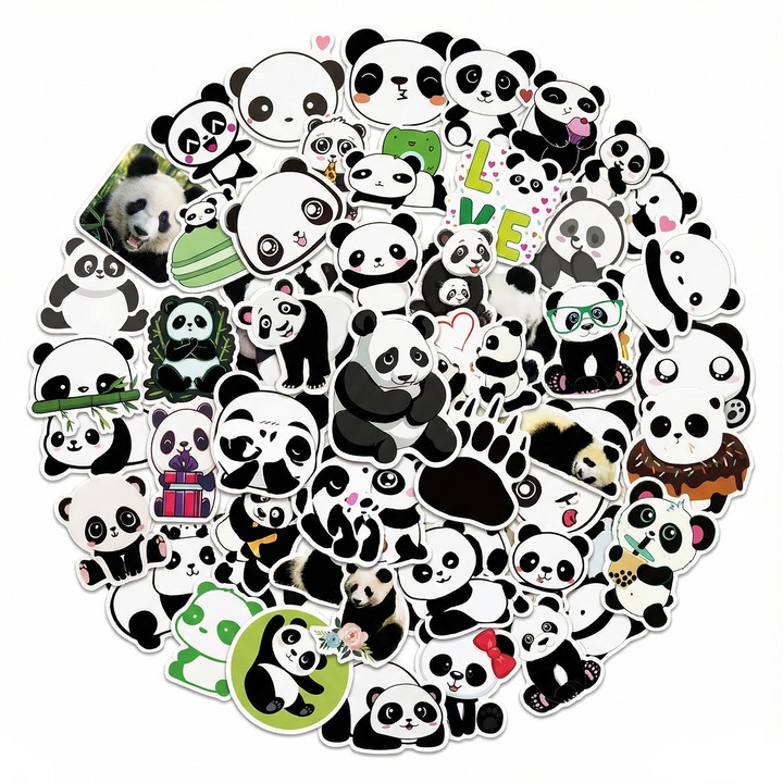 Set Stickere Panda 50 Buc, Autocolanti Vinil Impermeabili, Autoadezivi, Multicolor