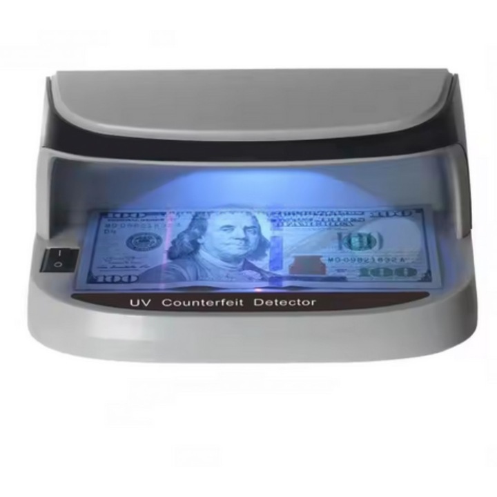 Детектор за фалшиви пари UV Counterfeit Detector AL-09, LED дисплей, Вградена литиево-йонна презареждаема батерия, 90×190 милиметра, Сребрист