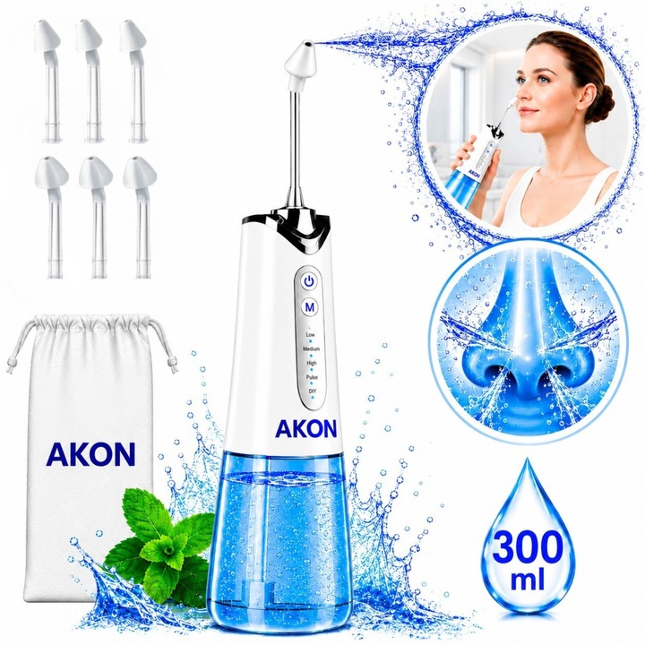 Irigator Nazal Electric Profesional AKON®, Lavaj Nazal, Igiena nazala copii si adulti, 5 trepte de presiune de la delicat la intens, Curatare Sinusuri si Decongestie Nazala, Portabil, Fara Fir, IPX7, Rezervor 300 ML, Alb