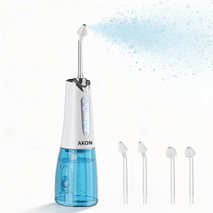 Irigator Nazal Electric Profesional AKON®, Dus Nazal, Igiena nazala copii si adulti, 5 trepte de presiune de la delicat la intens, Curatare Sinusuri si Decongestie Nazala, Portabil, Fara Fir, IPX7, Rezervor 300 ML, Alb/Albastru