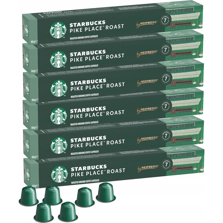 Capsule cafea Nespresso Starbucks Pike Place Lungo, 6 x 10 capsule, 100% Arabica, intensitate arome 7, Germania