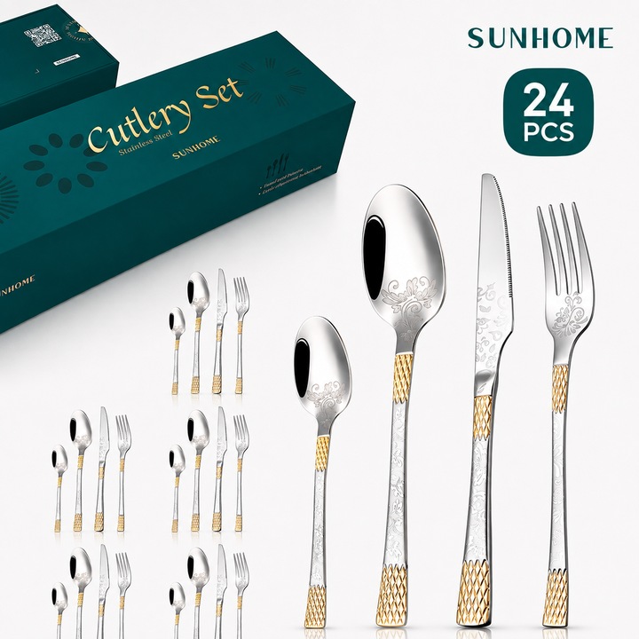Sunhome set tacamuri inox, 24 de piese, include Cutite, Furculite si Linguri, Design ergonomic, rezistent la coroziune, usor de curatat, potrivit pentru 6 persoane, Argintiu | Auriu