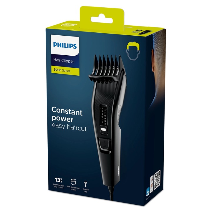 Машинка за подстригване Philips Hairclipper series HC3510-15, 13 настройки за дължина 0, 5 до 23 мм, С кабел, Ножчета от неръждаема стомана, Технология Trim-n-Flow, Черна