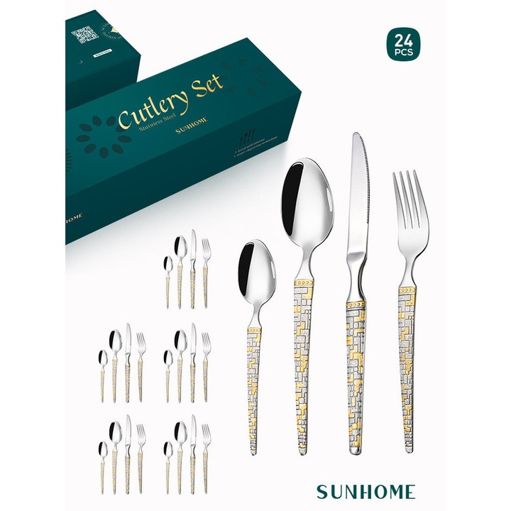 Sunhome Set de tacamuri pentru 6 persoane, set de tacamuri din otel inoxidabil, 24 de piese, cu cutit si furculita, lingura, Argintiu, lavabil in masina de spalat vase