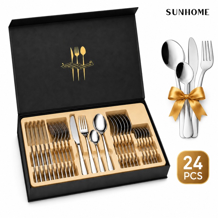 Sunhome Set de 24 Tacamuri din INOX, 6 x Cutite, 6 x Linguri, 6 x Furculite, 6 x Lingurite, Inox Premium Stainless Steel, Finisaj Lucios, Design Elegant Modern, 6 Persoane, Design ergonomic, Rezistent la coroziune, pentru Bucatarie si Dining, argintiu