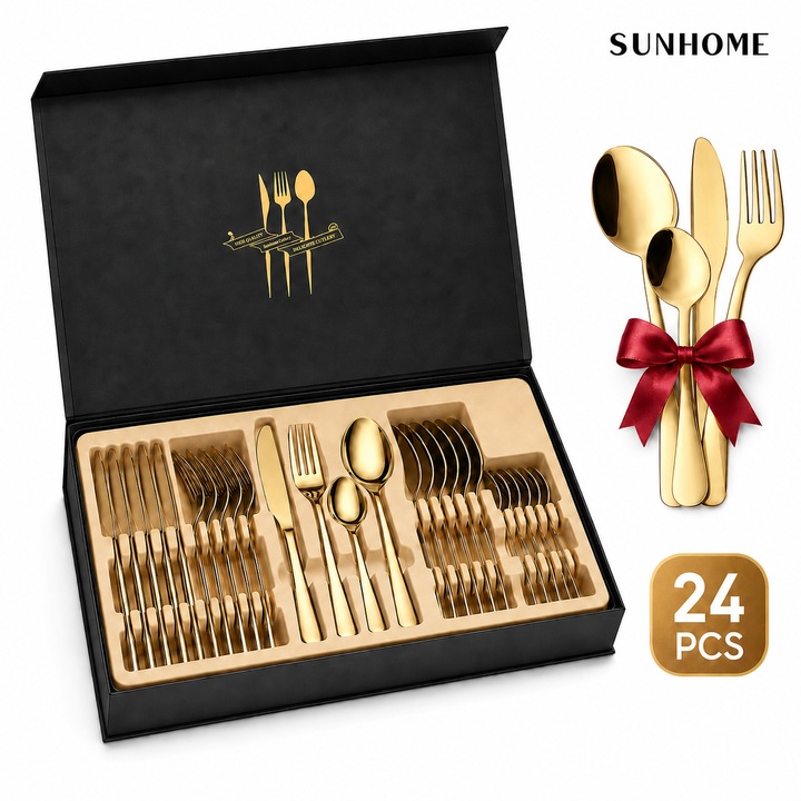 Sunhome Set de 24 Tacamuri din INOX, 6 x Cutite, 6 x Linguri, 6 x Furculite, 6 x Lingurite, Inox Premium Stainless Steel, Finisaj Lucios, Design Elegant Modern, 6 Persoane, Design ergonomic, Rezistent la coroziune, pentru Bucatarie si Dining, auriu