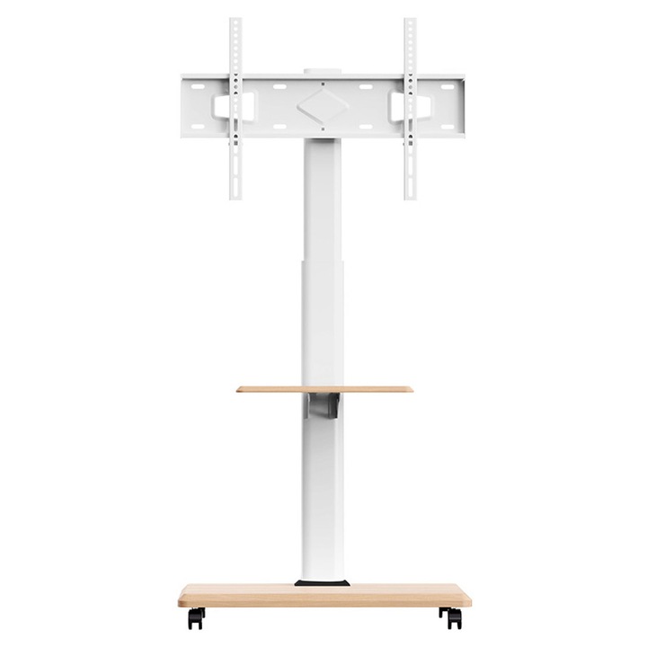 Suport TV mobil Fh pentru televizoare 26-70 inch, capacitate 40kg, inaltime ajustabila 1145-1445mm, baza din lemn, roti mute.